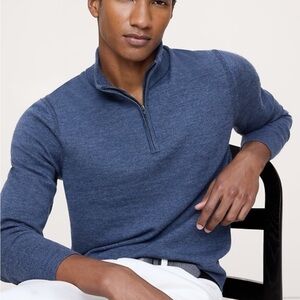 Banana Republic Men Blue Heather Quarter Zip Sweater - 100% Merino Wool